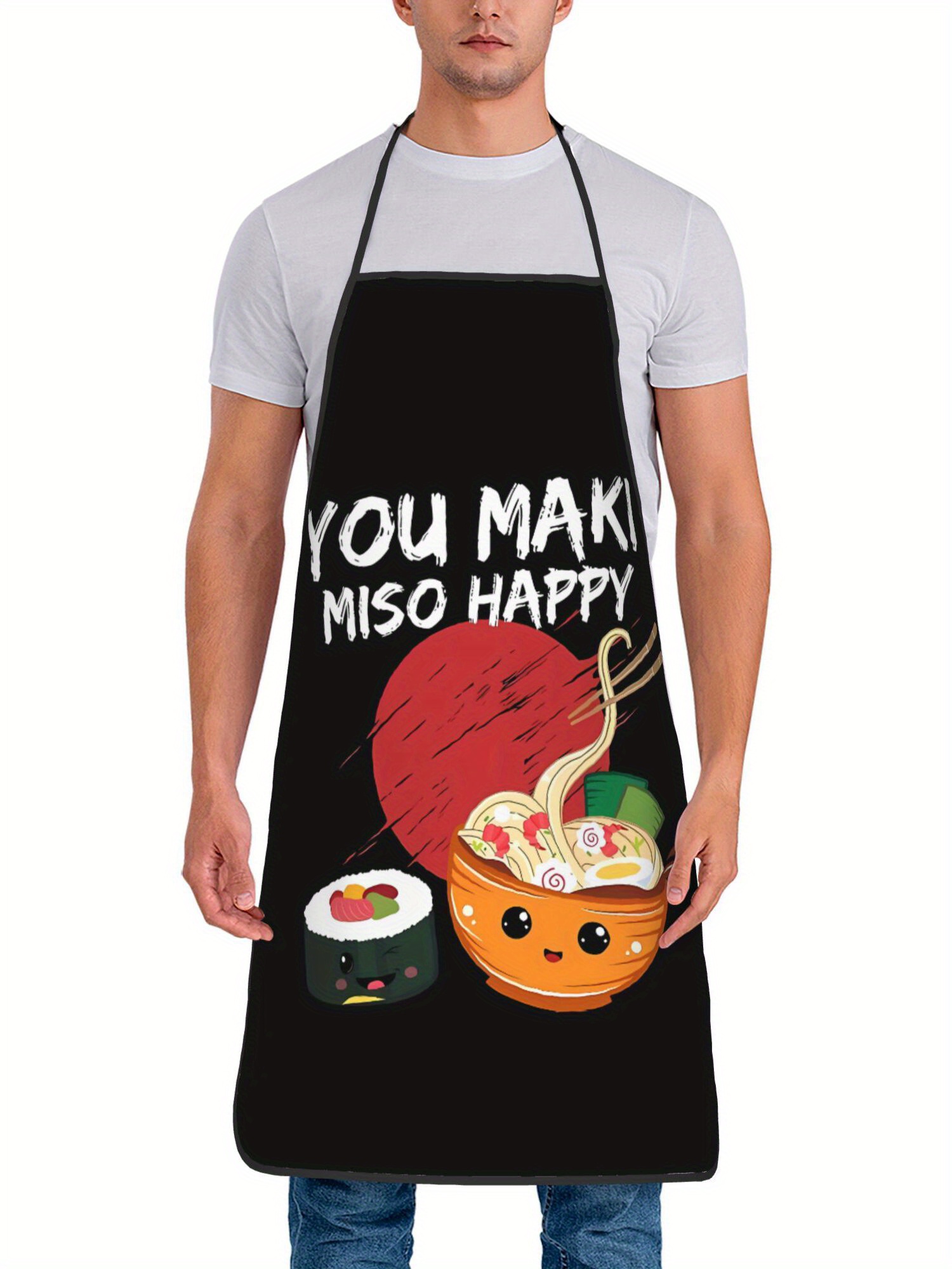 Home Cooking Japanese Food - ผ้ากันเปื้อนทำอาหารแบบญี่ปุ่น - ลายซูชิราเมนน่ารักพร้อมข้อความว่า “YOU MAKI MISO