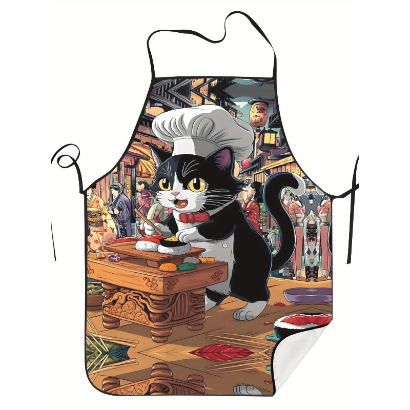 Home Cooking Japanese Food - ผ้ากันเปื้อนลายการ์ตูนแมวเชฟซูชิสุดฮา สำหรับทำอาหารญี่ปุ่น ผ้าลินิน ดีไซน์สวยงาม มีหลายขนาด เหมาะสำหรับตกแต่งบ้านและเป็นของขวัญ